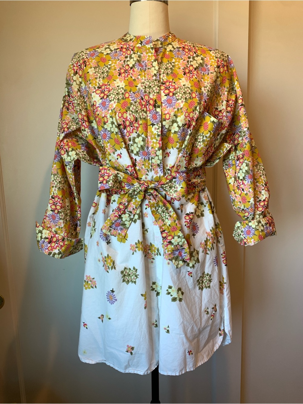Ottod’Ame Cotton Floral Tie-Waist Mini Dress in Yellow and White
